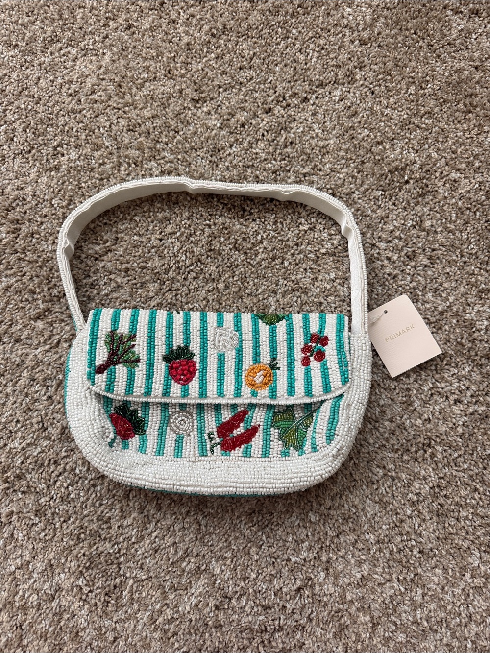 Primark White Beaded Shoulder Bag with Green Stripes and Multicolor Floral Beads